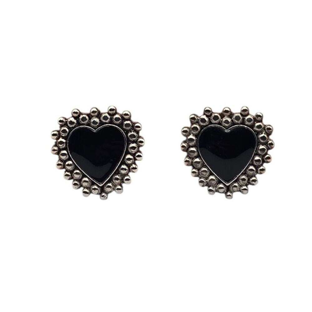 Black Heart Clip On Earrings Silver Beaded Frame Vintage Romantic Noir